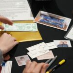 Poverty Escape Room participants are showing working through case materials as a team.